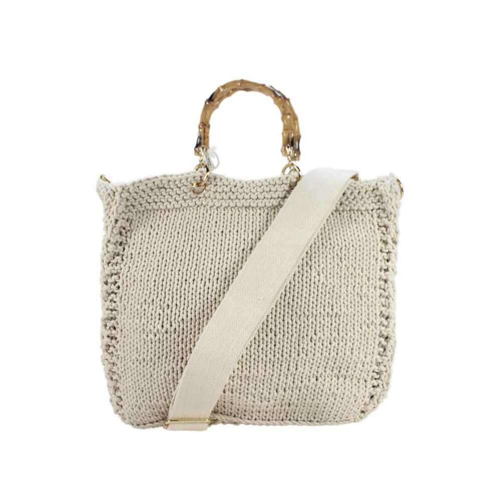 Mersea Womens Double Bamboo Handle Crochet Knit Tote Handbag White